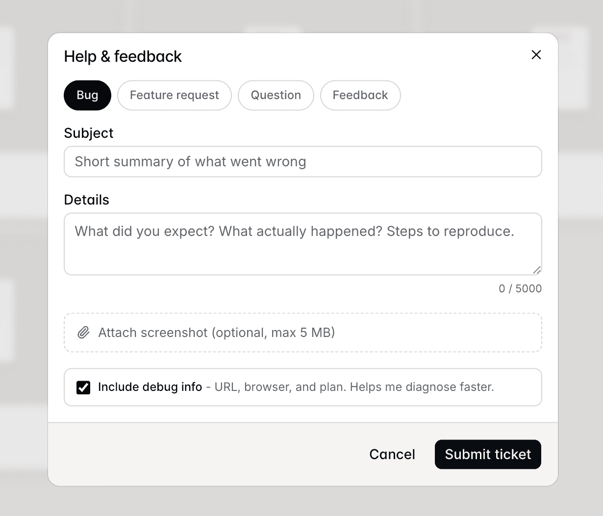 The Help & feedback form with Bug, Feature request, Question, and Feedback categories